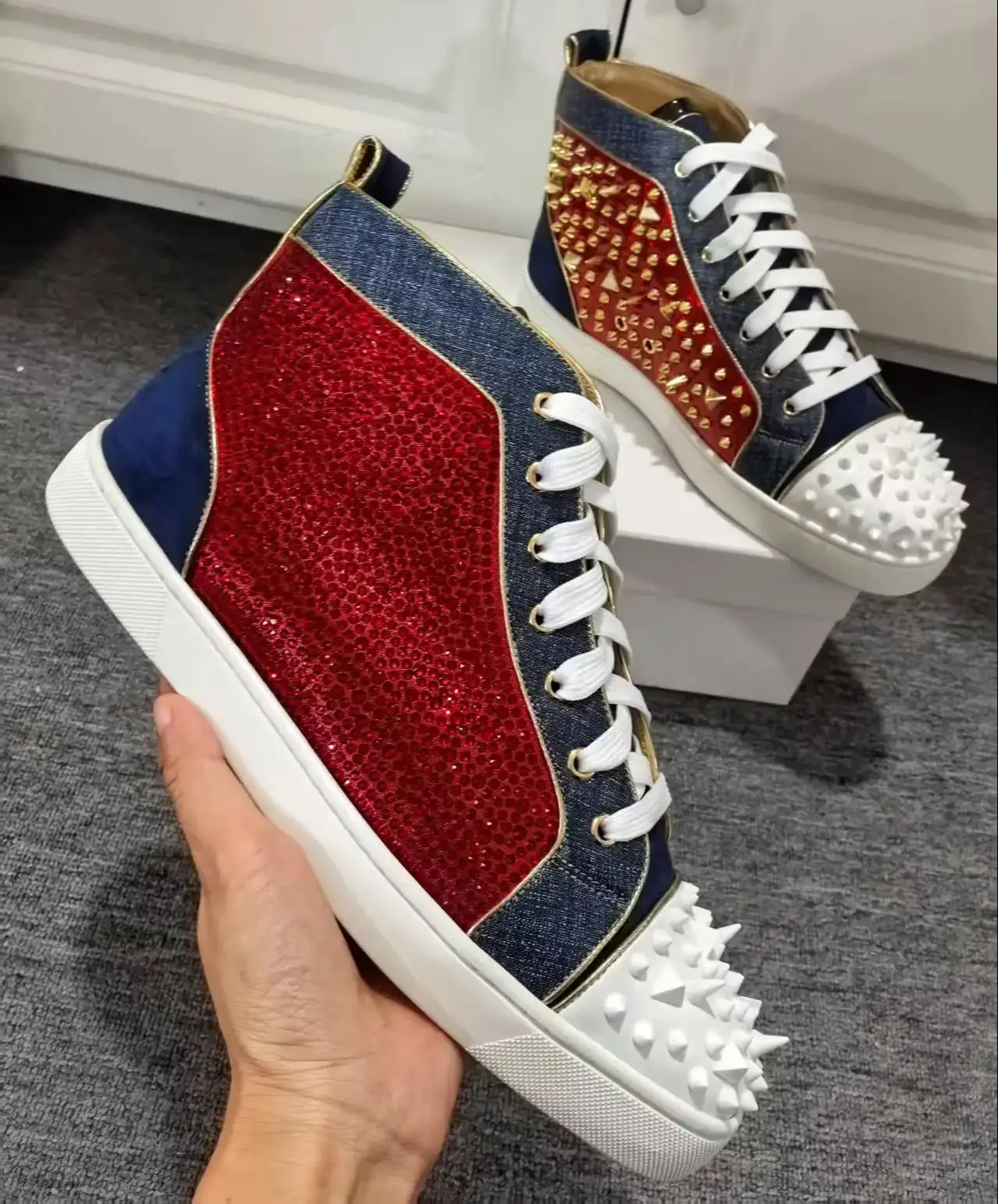 Red Rhinestones Gold Metal Riv - Men Shoes Red Bottom 评论和价格