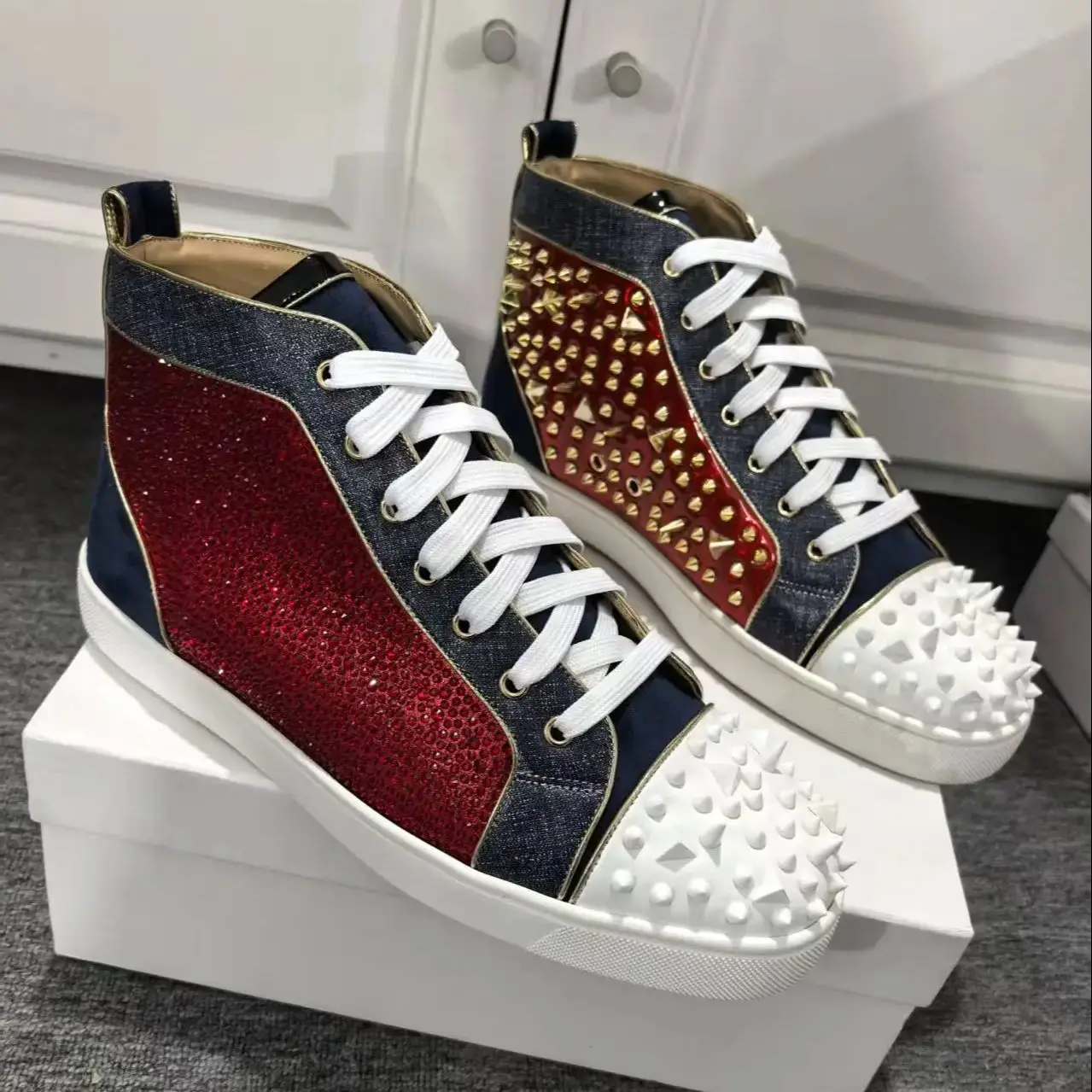 Red Rhinestones Gold Metal Riv - Men Shoes Red Bottom 评论和价格
